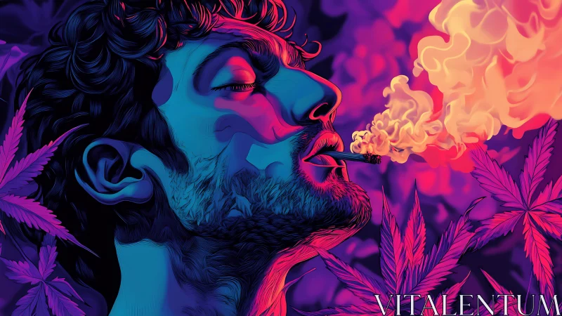 Man smoking joint in neon cannabis portrait illustration.