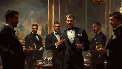 Elegant tuxedoed gentlemen in oil-like digital painting composition