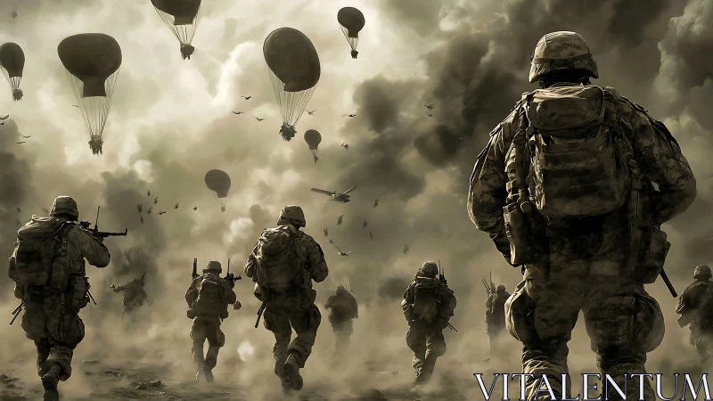 Infantry assault under smoke-choked sky with drifting balloons.