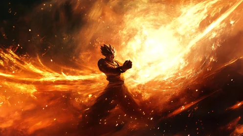 Fiery anime warrior channels swirling solar energy storm.