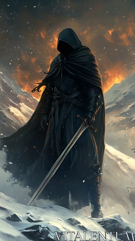 Hooded swordsman standing in snowy mountains at dusk.