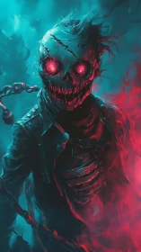 Neon-lit skeletal revenant with glowing red eyes emerging.
