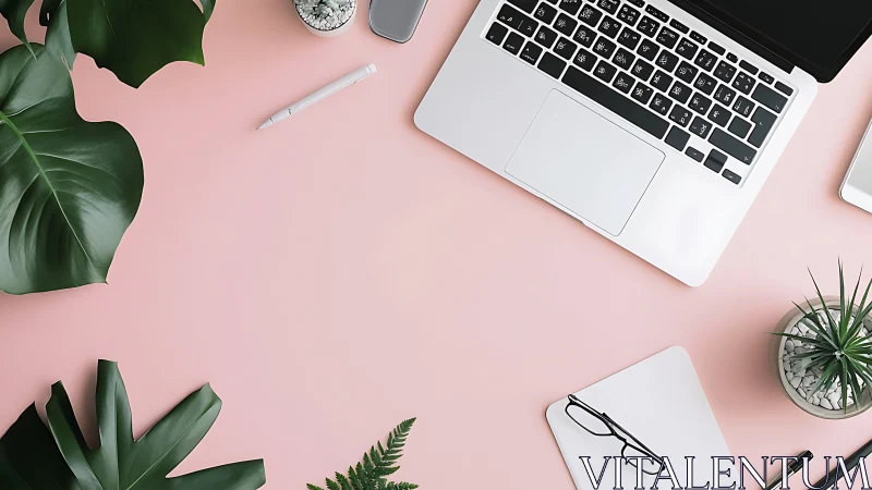 Laptop workspace on pastel pink desk with green plants.