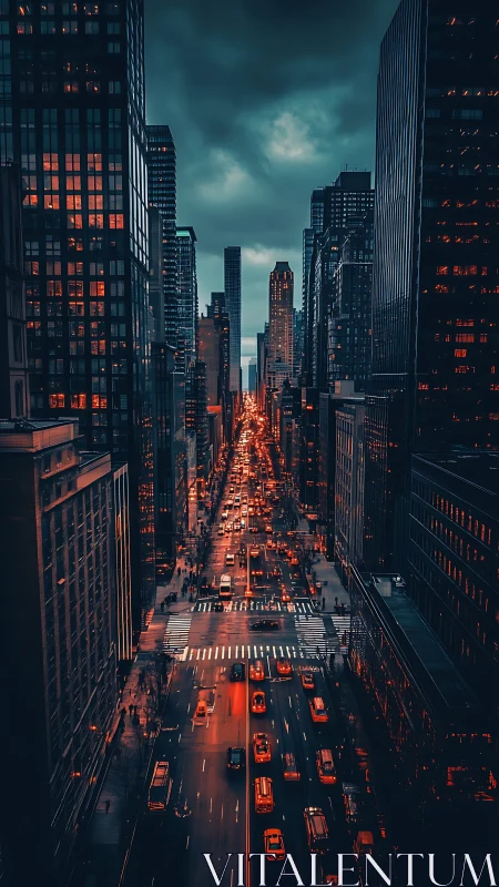 City street shows dense traffic between tall glass towers