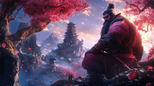 Crimson warrior broods beneath sakura over misty pagodas.