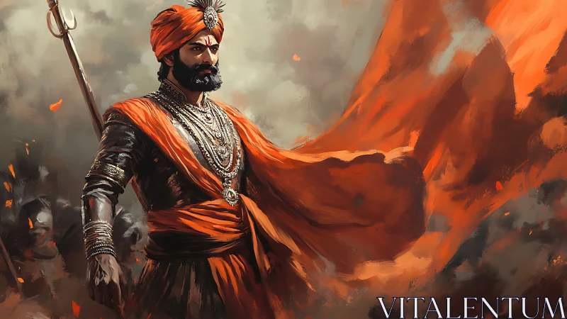 Warrior in ornate armor with orange turban and banner.