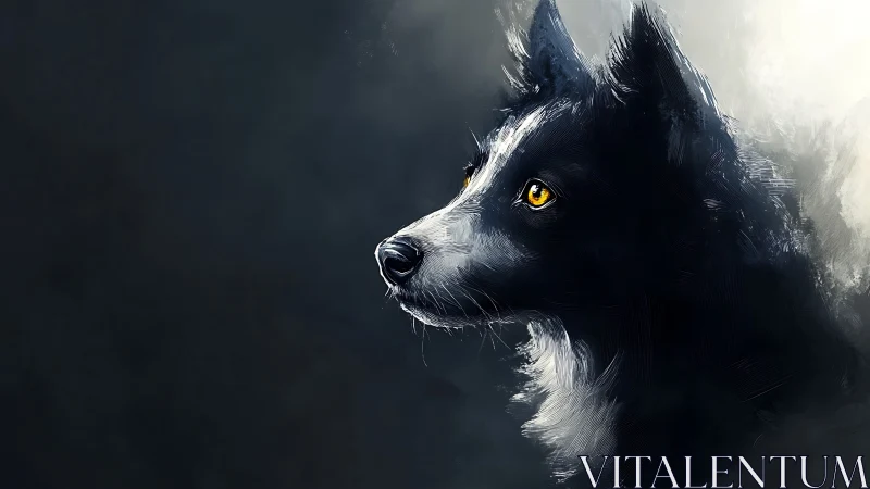 Luminous-eyed black dog gazes through painterly twilight.