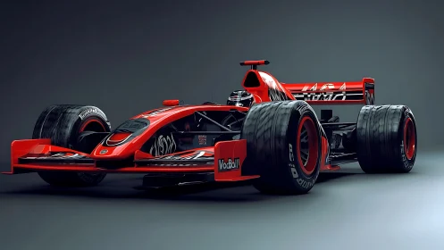 Red formula race car render on dark studio background.