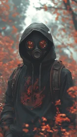 Hooded figure in gas mask standing in red autumn forest.
