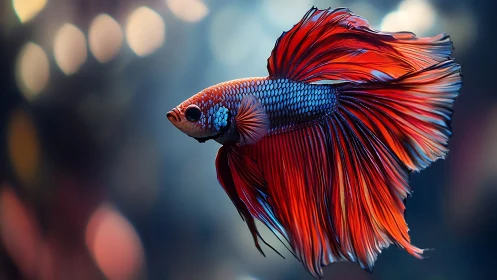 Vibrant betta fish with flowing red fins in bokeh water.