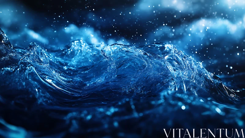 Photorealistic macro wave crest with cinematic blue lighting.