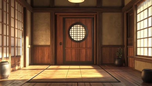 Tatami-lit Japanese entryway with circular shoji portal door.