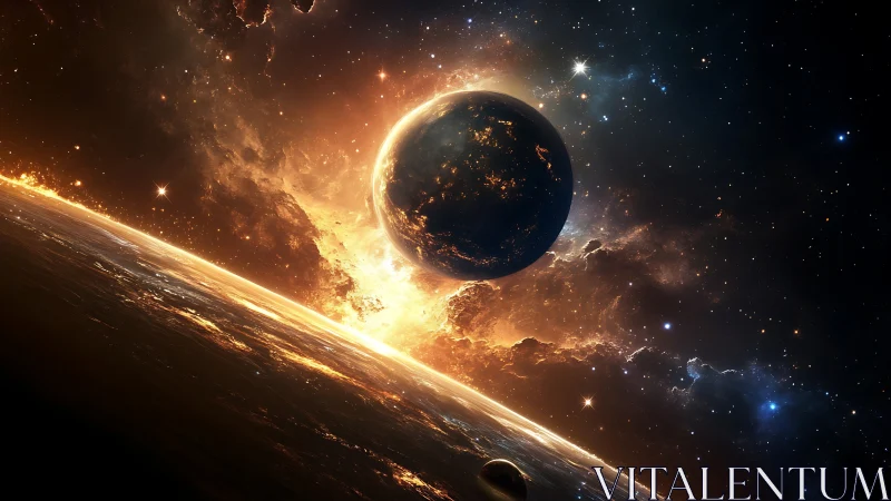 Planetary horizon ignites beneath a luminous cosmic sunrise.