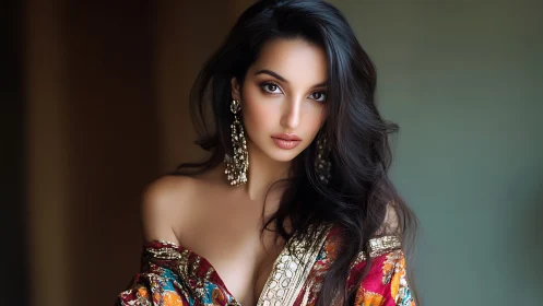 Velvet gaze beneath jeweled silk in soft cinematic light.