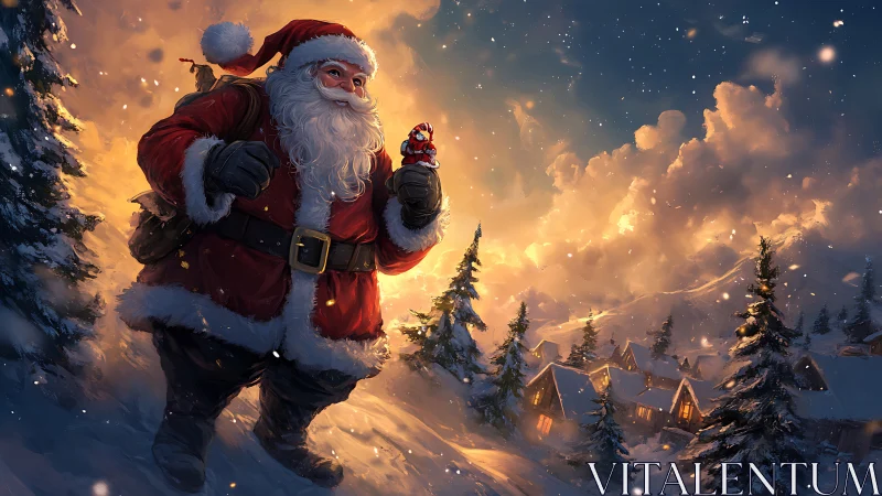 Digital painting Santa in luminous alpine winter landscape.