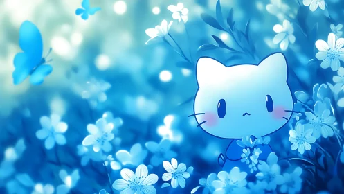 Cartoon cat figure is positioned among stylized blue flowers