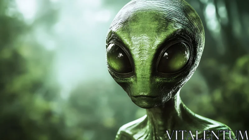 Forest-slick alien quietly studies Earth with reflective eyes