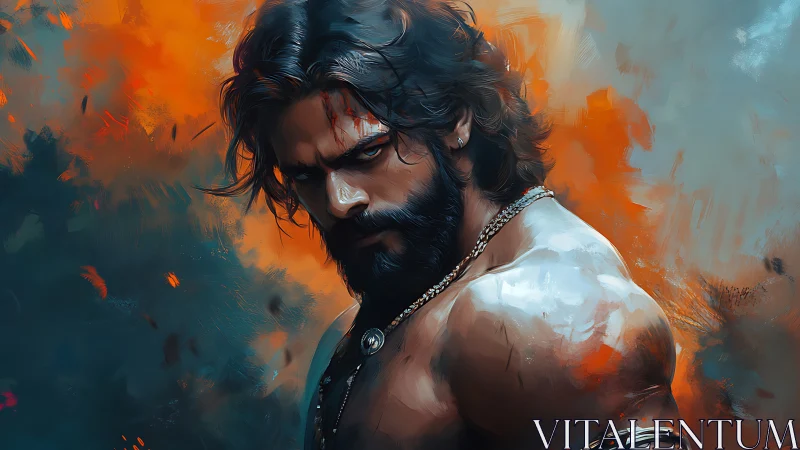 Brooding warrior portrait amid blazing abstract embers.