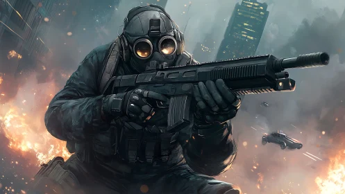 Spec Ops sniper advances through burning urban warzone.