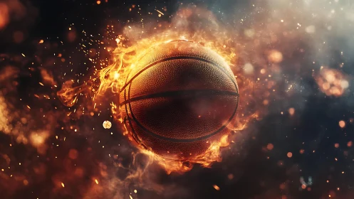 Photorealistic flaming basketball in dynamic cinematic composition.