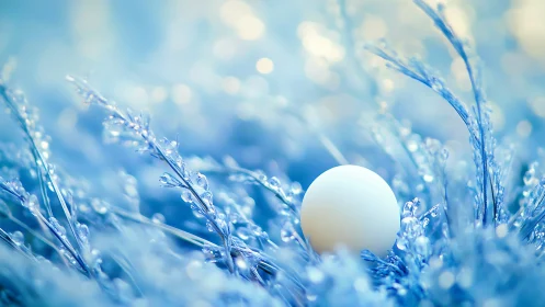Single spherical object rests among frosted blue foliage