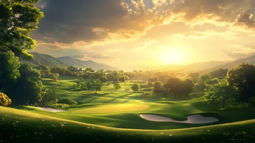 Sunlit golf course landscape with mountains and trees at dusk.