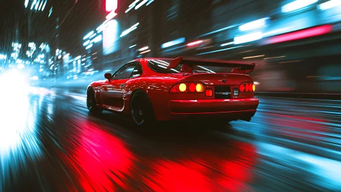 Red tuned sport coupe on wet neon city street at speed