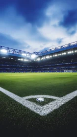 Night football stadium corner view with match-ready field.