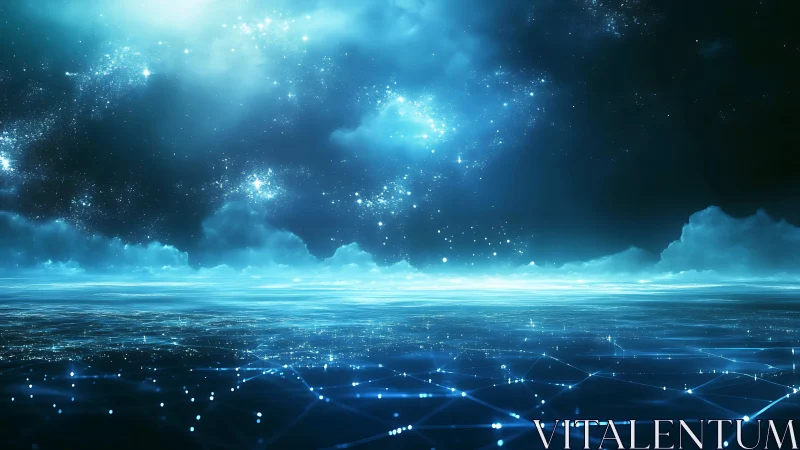 Networked digital seascape under luminous star field.