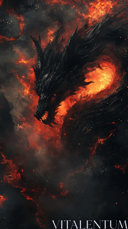 Volcanic dragon silhouette coils through incandescent nebular fire