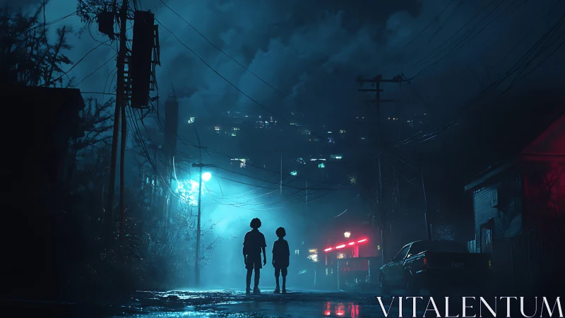 Nocturnal alley scene with two silhouetted children, neon haze