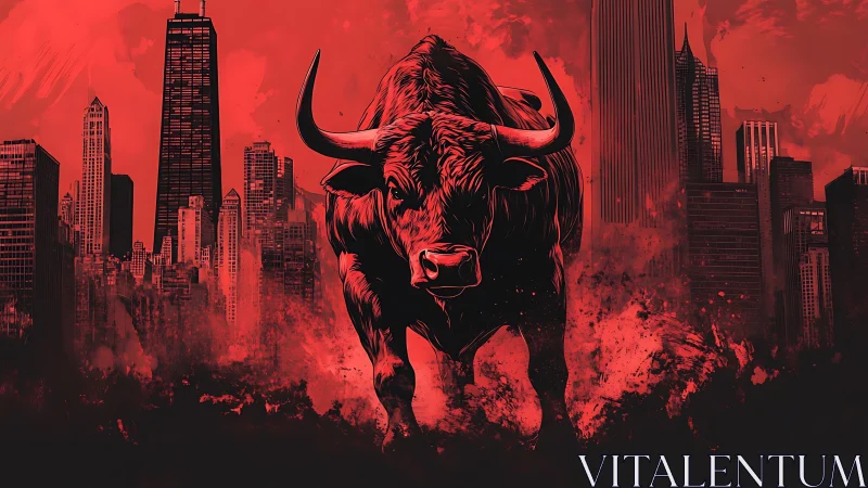 Charging red bull dominates a dark, explosive cityscape