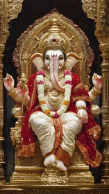 Golden throne of Ganesha wrapped in ruby silk serenity.