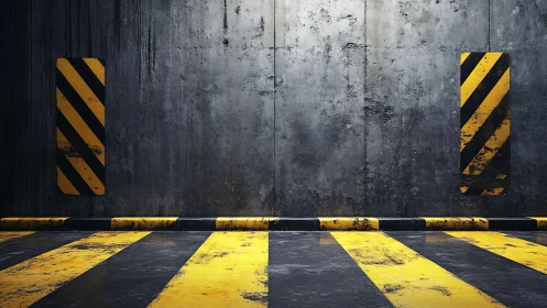 Industrial parking zone with worn yellow warning stripes.