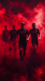 Stormwalk strikers marching through inferno-red stadium haze.