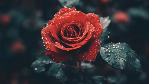 Deep crimson rose with pronounced morphological features exhibits dramatic water beading and macro b