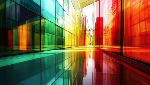 Colorful Glass Corridor with Rainbow Light Refraction