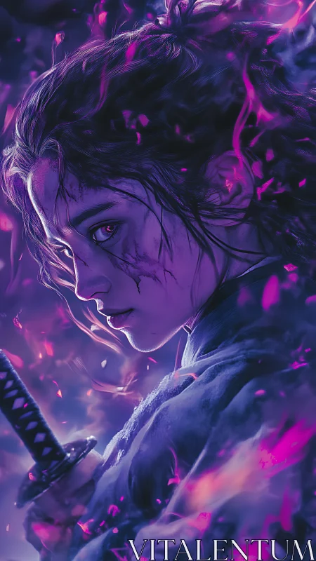 Scarred warrior grips sword amid violet glowing embers