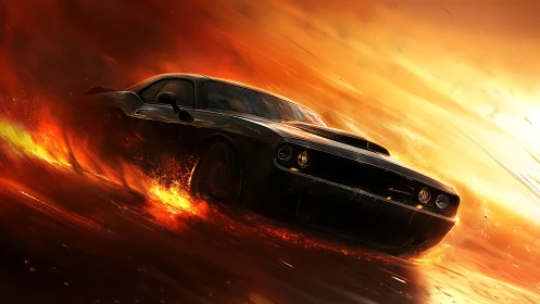 Muscle car erupting through molten sunset inferno streets.