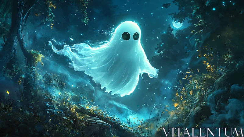 Glowing cartoon ghost drifting through enchanted moonlit forest.