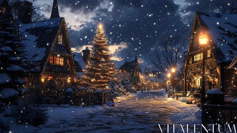 Snowy village street scene renders festive nocturnal ambience