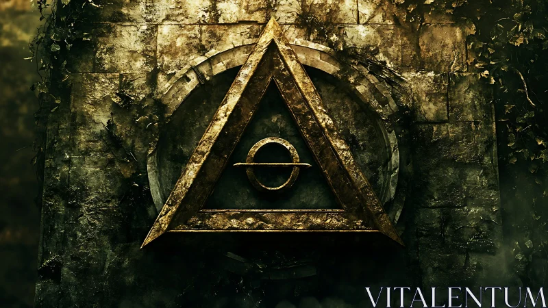 Ancient golden symbol glowing against mossy stone wall.