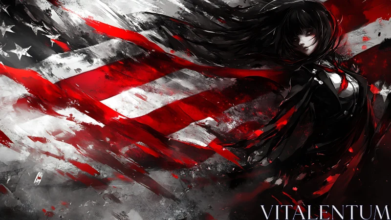 Dark-haired heroine merges with abstract US flag storm