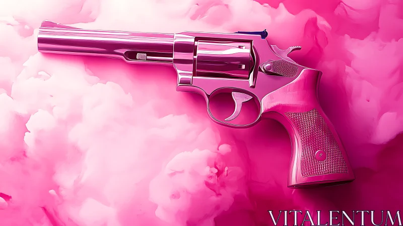 Pink revolver on monochrome cloud-like background.