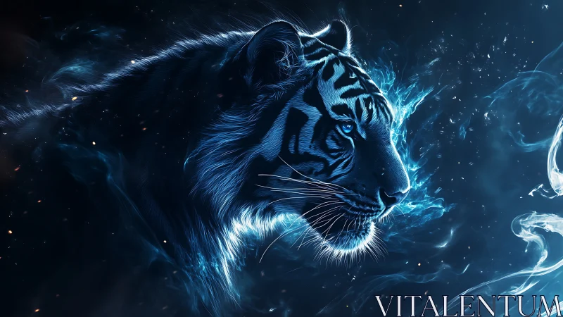 Bioluminescent tiger profile in ionized nebular vapor field.