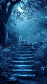 Lunar-illuminated stone stairway in spectral forest topology.