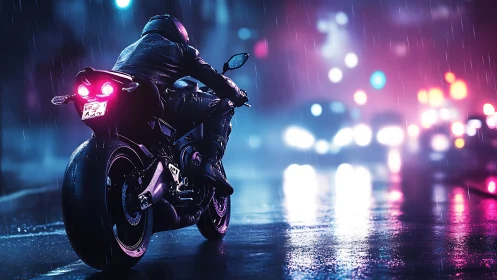 Neon-soaked night ride celebrates a lone biker in the rain
