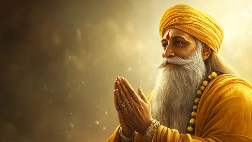 Elderly bearded guru in yellow robes in prayerful pose.