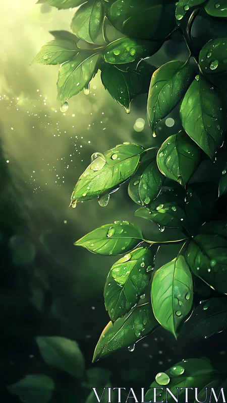 Sunlit green leaves hold fresh dewdrops in soft forest haze