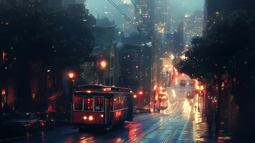 Rainy urban streetcar on illuminated downtown hillside.
